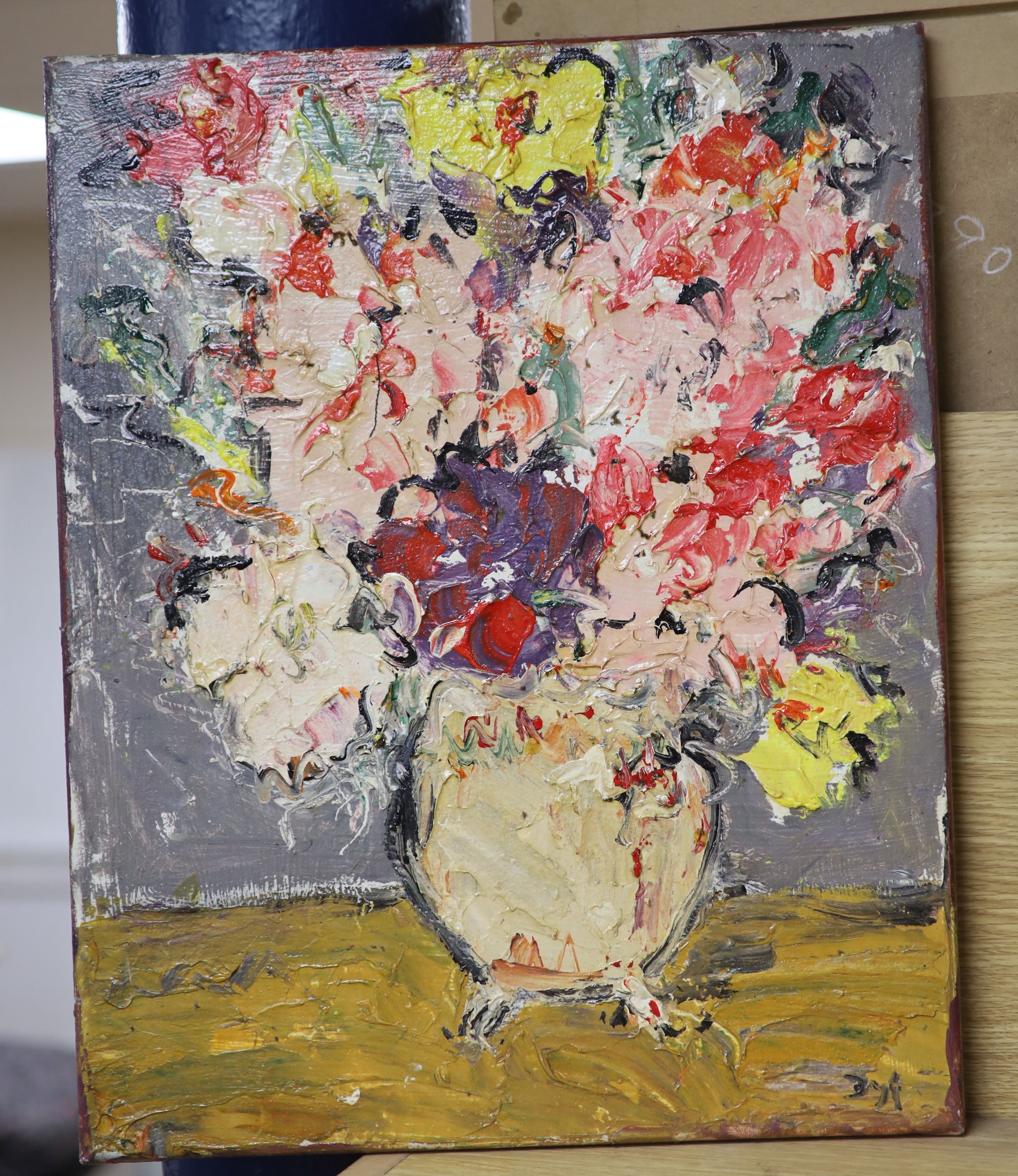 After Marcel Dyf, oil on canvas, Still life of flowers in a vase, bears signature, 51 x 40cm, unframed